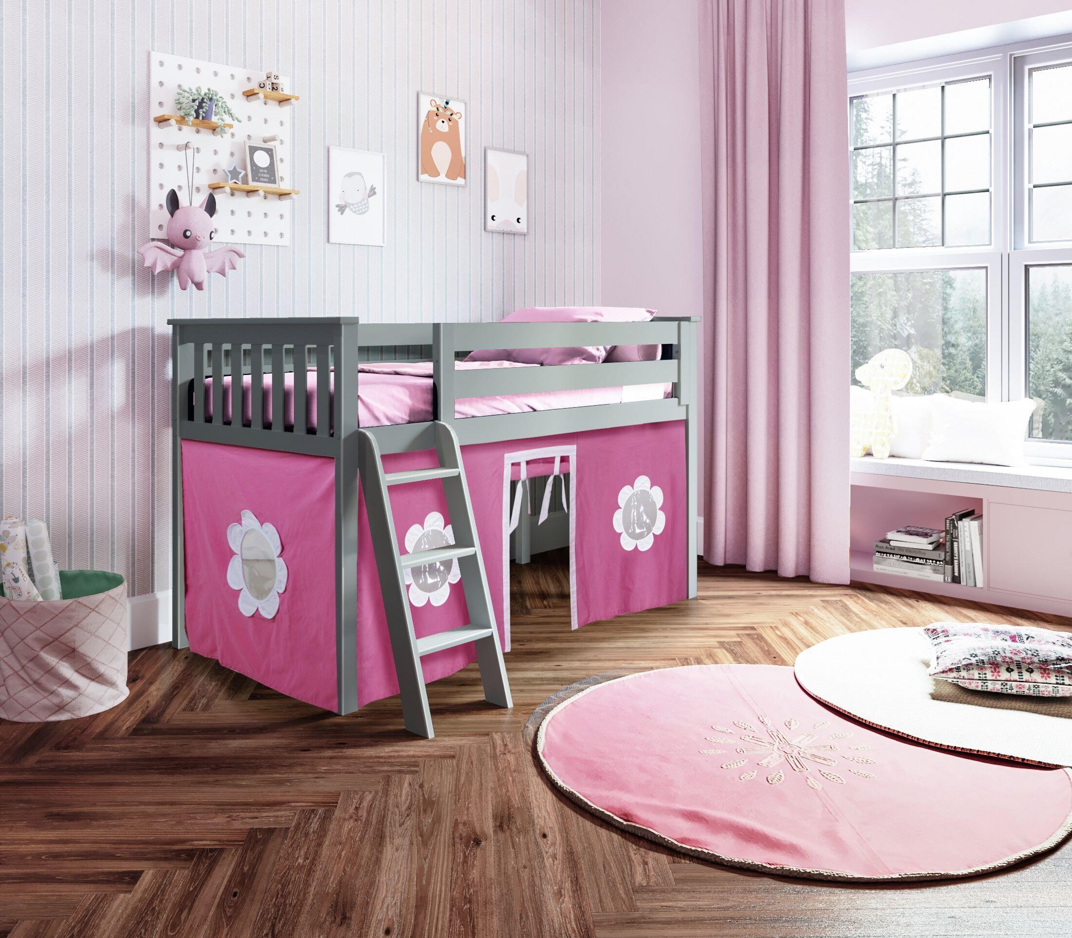 Jackpot Kids Loft Beds York1 121 York 1 Low Loft Bed in Grey w Angle Ladder w Curtain in Hot Pink White Belfort Furniture Loft Beds